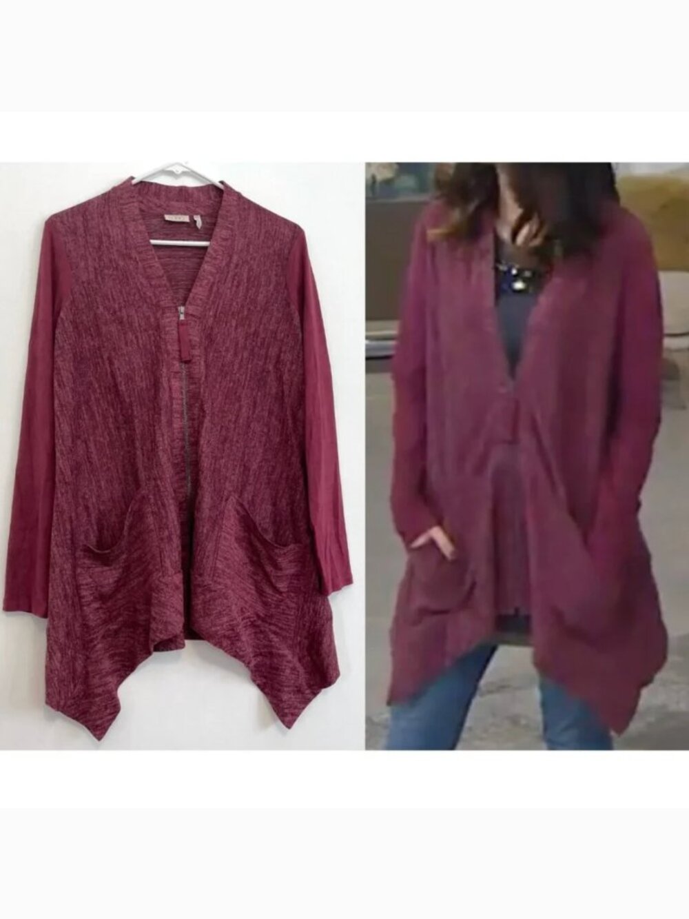 LOGO BY LORI GOLDSTEIN Knit Cardigan with Faux Suede Details Berry Pink Sweater
